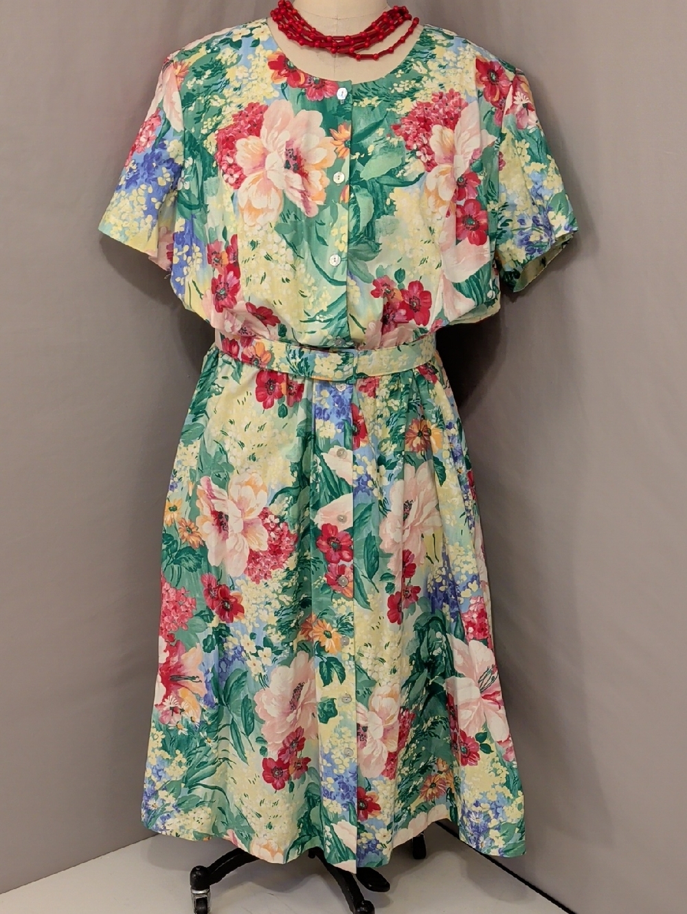 USA Made 100% Cotton Bright Floral Belted Summer Dress Vintage Nice Quality 28W